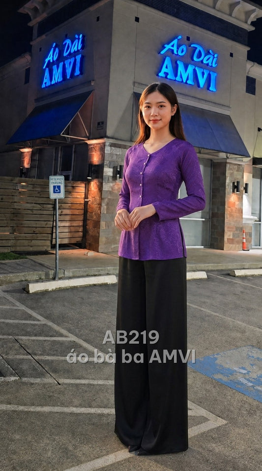 Áo - Tím Cổ V Tay Dài Hoa Văn Chìm Hiện Đại - AB219