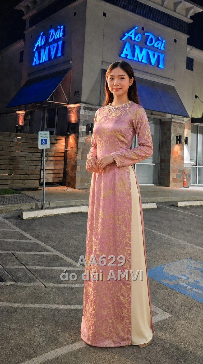 Áo - Lụa Tím Hoa Văn Vàng Gold, Cổ Đính Ngọc Trai Sang Trọng - AA629