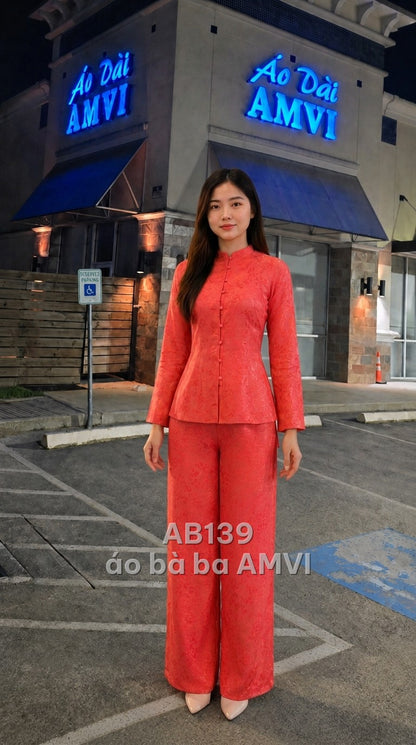 Áo+Quần - Gấm Hồng Dệt Hoa Văn Truyền Thống Cổ Điển Sang Trọng - AB139