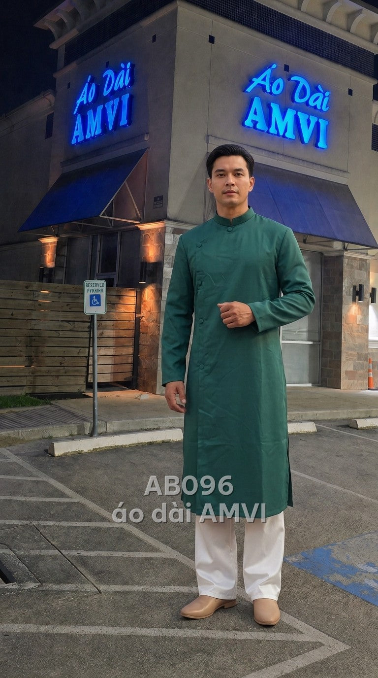 Áo - Lụa Trơn Xanh Lá Cổ Trụ Cúc Chéo Thanh Lịch - AB096
