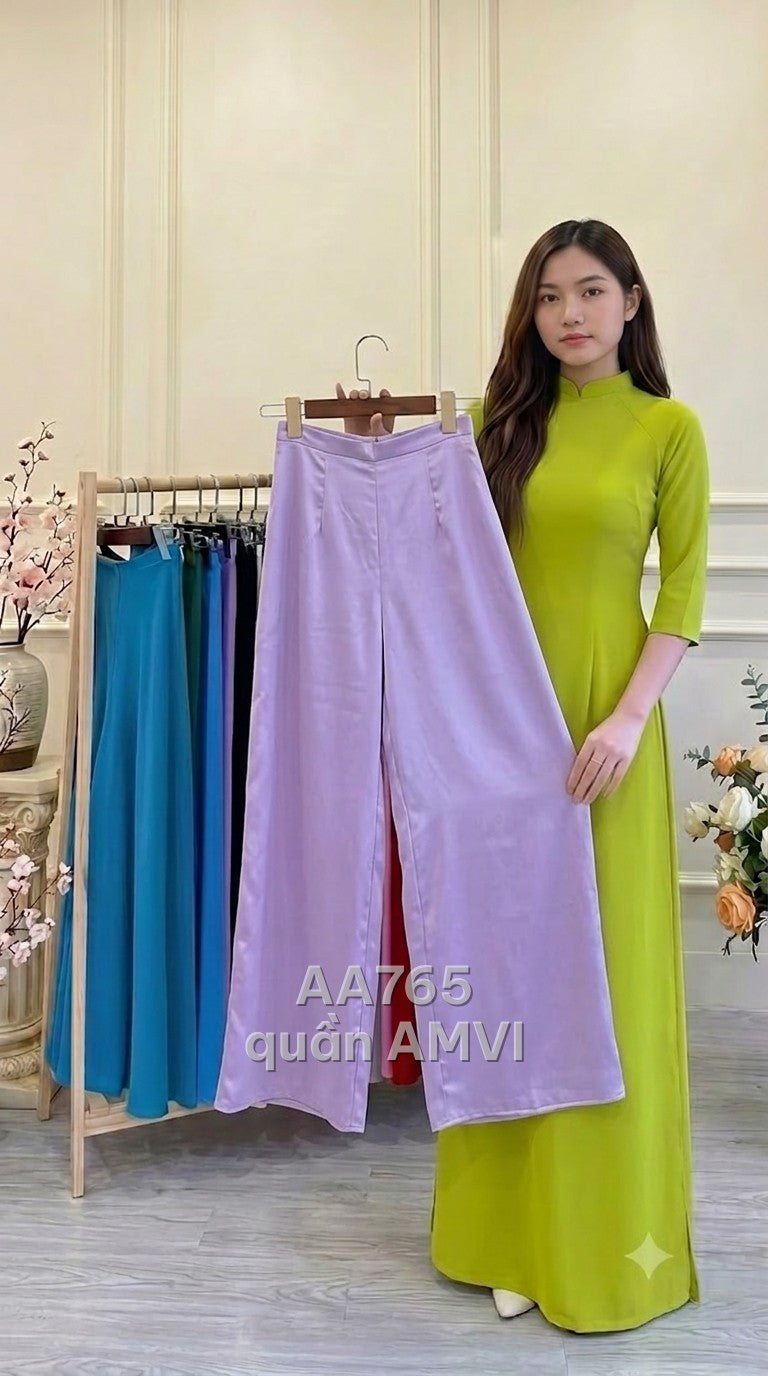 Quần - Lụa Satin Tím Nhạt Cạp Cao Ống Rộng Thanh Lịch - AA765
