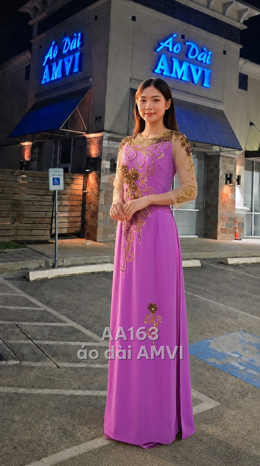 Áo kết hợp váy bên trong - Lụa Tím Thêu Kim Sa Hoa Văn Sang Trọng Dự Tiệc Cưới - AA163