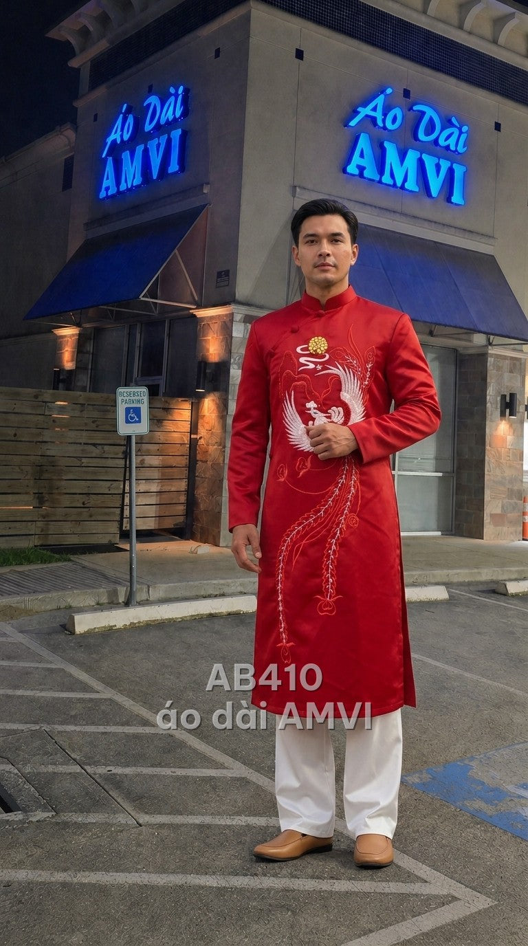 Áo - Lụa Đỏ Thêu Phượng Hoàng Cổ Tàu Lấp Lánh Dự Tiệc - AB410