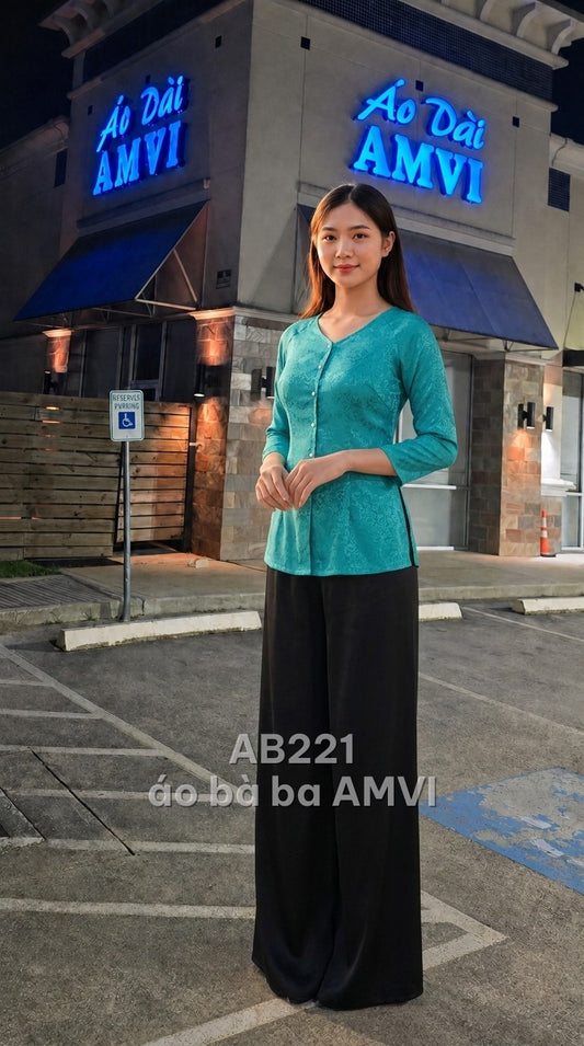 Áo - Vải Họa Tiết Chìm Xanh Cổ V Cách Tân Thanh Lịch Duyên Dáng - AB221