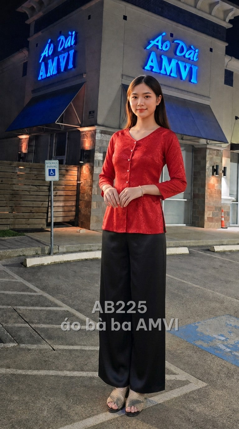 Áo - Đỏ Cổ V Cúc Ngọc Trai Họa Tiết Chìm Duyên Dáng Truyền Thống - AB225