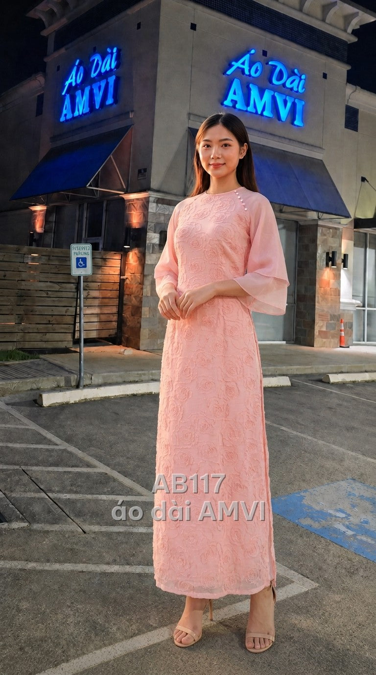 Lụa Hồng Hoa Hồng Thêu Chìm Cổ Tròn Tay Loe Thanh Lịch - AB117