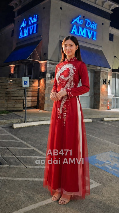 Áo - Lụa Đỏ Đô Thêu Phượng Hoàng Voan Thanh Lịch Cưới Hỏi - AB471