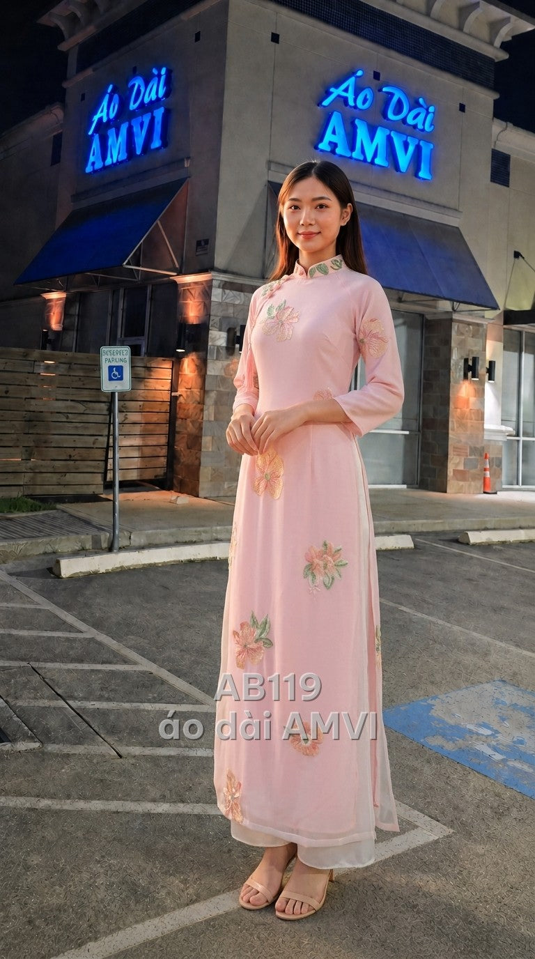 Voan Hồng Thêu Hoa Nổi Tay Lửng Cổ Điển - AB119