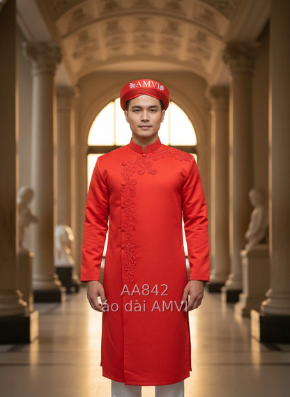 Áo dài cưới nam màu đỏ, mã AA842