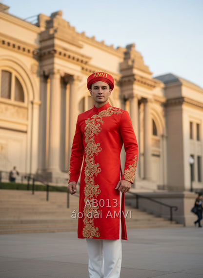 Áo dài cưới truyền thống đỏ thêu vàng đồng tại Bảo tàng Met NYC - AB013