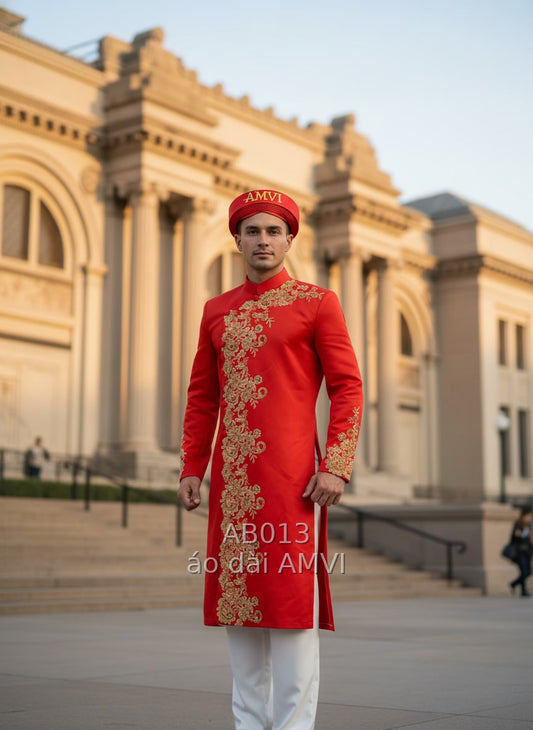 Áo dài cưới truyền thống đỏ thêu vàng đồng tại Bảo tàng Met NYC - AB013