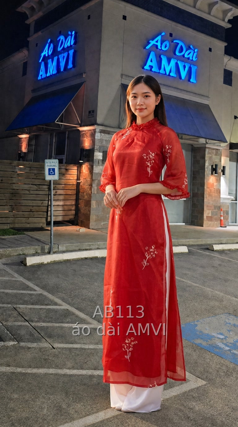 Áo Dài đỏ thêu hoa truyền thống, nét đẹp Việt tại Washington DC - AB113