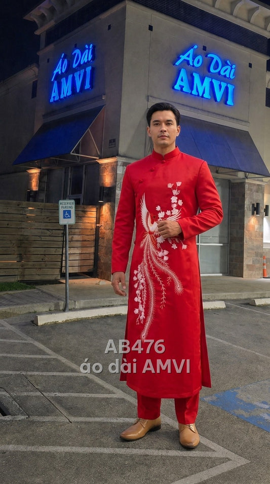 Áo - Lụa Đỏ Thêu Phượng Hoàng Đính Cườm Truyền Thống - AB476