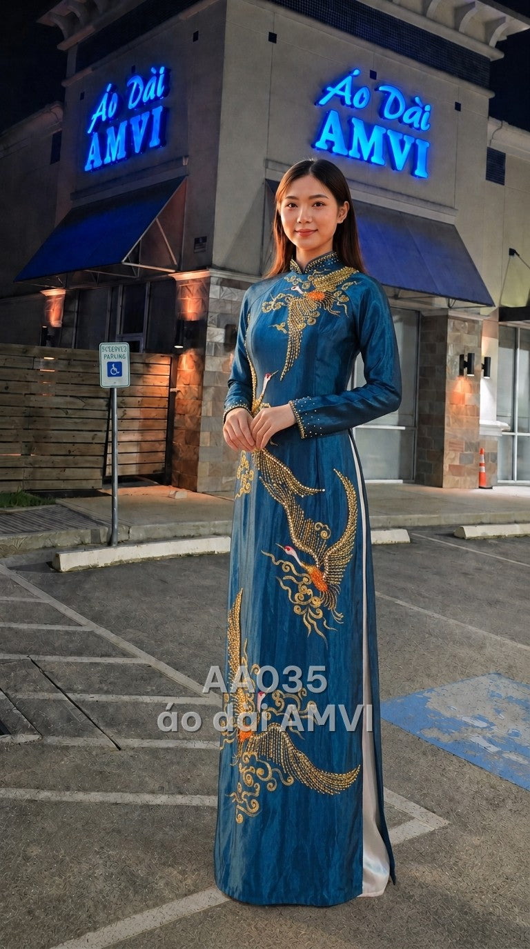 Áo - Lụa Bóng Cổ Tàu Thêu Hạc Đính Cườm Sang Trọng - AA035