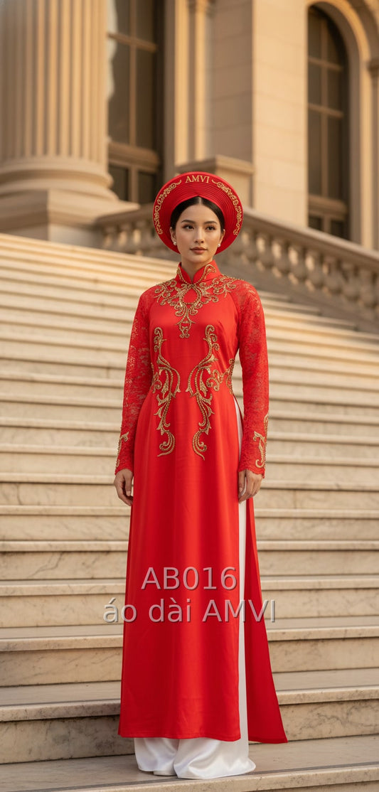 Áo Dài Cưới Đỏ Thêu Hoa Văn Cầu Kỳ Tại The Met New York - AB016