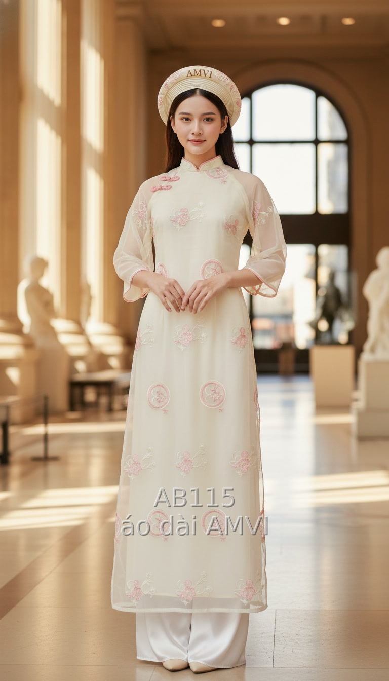 Áo Dài Cưới Dạ Hội Màu Kem Thêu Hoa Hồng Tại The Met NYC - AB115
