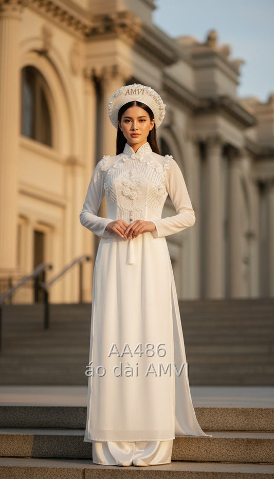 Luxury Ivory Wedding Ao Dai for Brides, with 3D Embroidered Flowers and Rhinestones - AA486