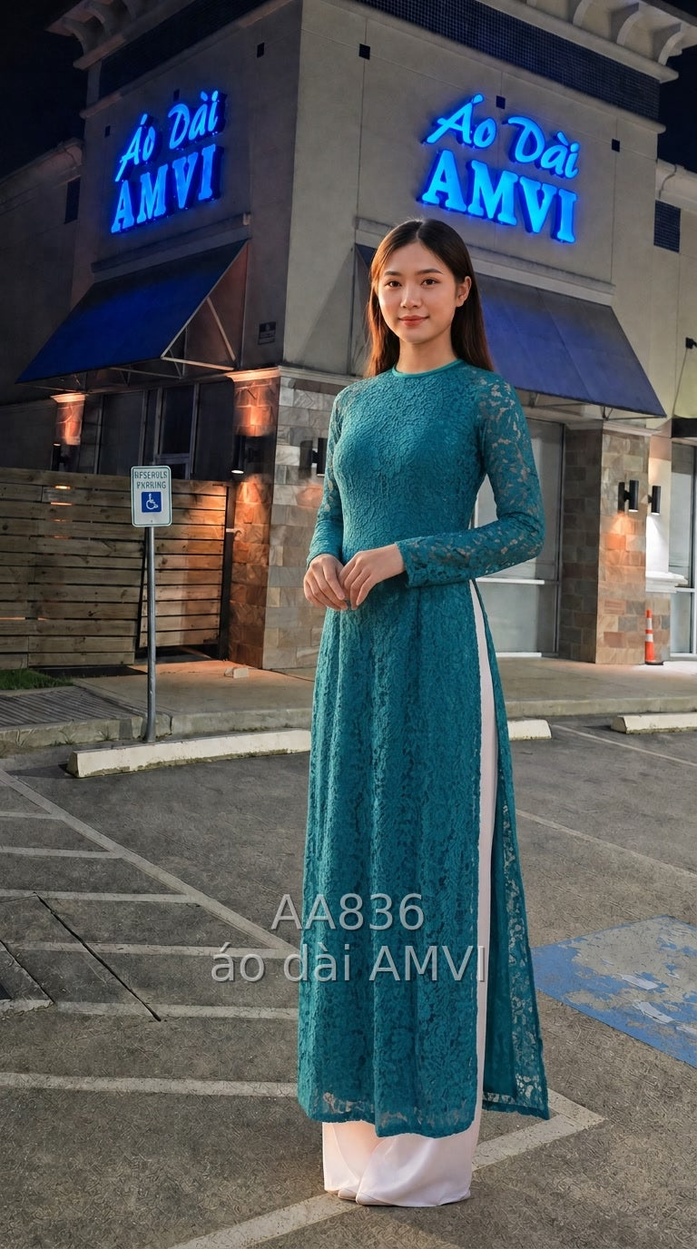 Áo Dài Dạ Hội Ren Hoa Xanh Ngọc – Vẻ Đẹp Việt Tinh Khôi Tại The Met New York - AA836
