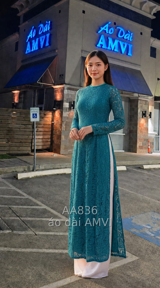 Áo Dài Dạ Hội Ren Hoa Xanh Ngọc – Vẻ Đẹp Việt Tinh Khôi Tại The Met New York - AA836