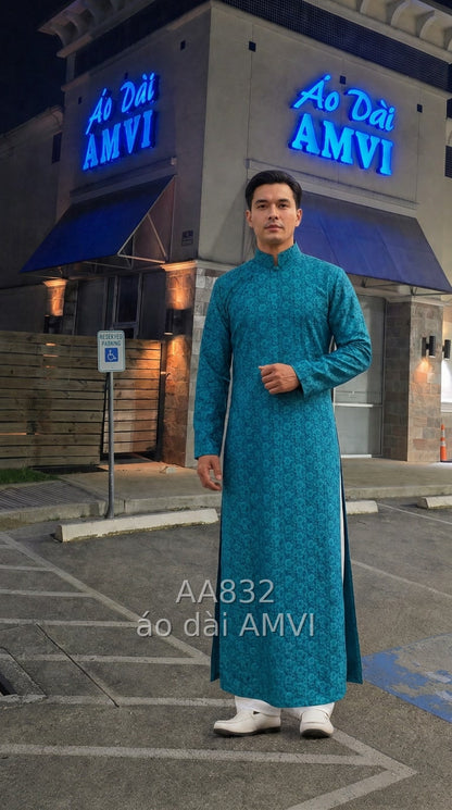 Áo Dài Truyền Thống Xanh Ngọc Hoa Chìm Vẻ Đẹp Việt Nơi Thủ Đô Mỹ - AA832