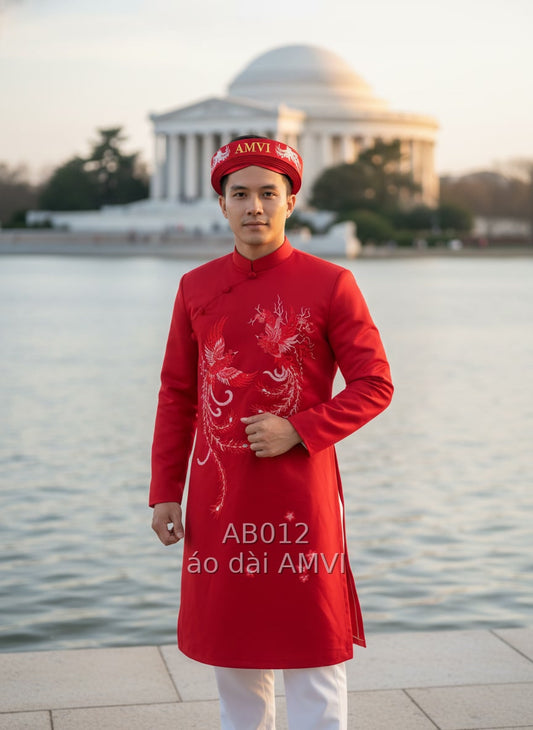 Áo Dài Cưới Nam Thêu Phượng Hoàng Đỏ: Vẻ Đẹp Việt Nơi Thủ Đô Mỹ - AB012