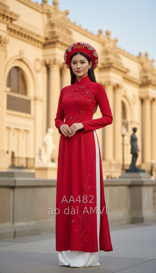 Elegant Pinkish-Red Aodai Wedding Gown with Embroidered Flowers and Butterflies - AA482