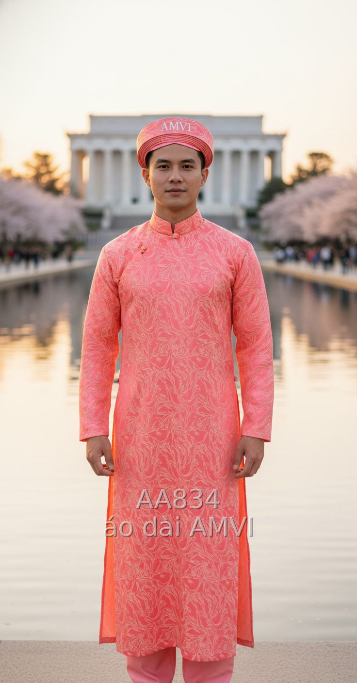 Men's Coral Red Traditional Brocade Ao Dai – Vietnamese Beauty in Washington D.C. - AA834
