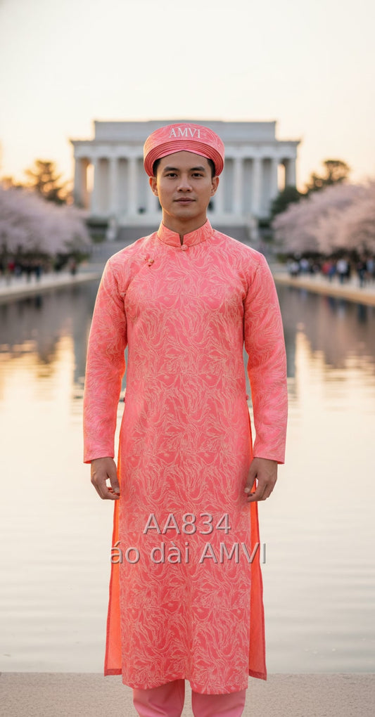 Áo Dài Nam Hồng San Hô Gấm Truyền Thống – Vẻ Đẹp Việt Tại Washington D.C. - AA834
