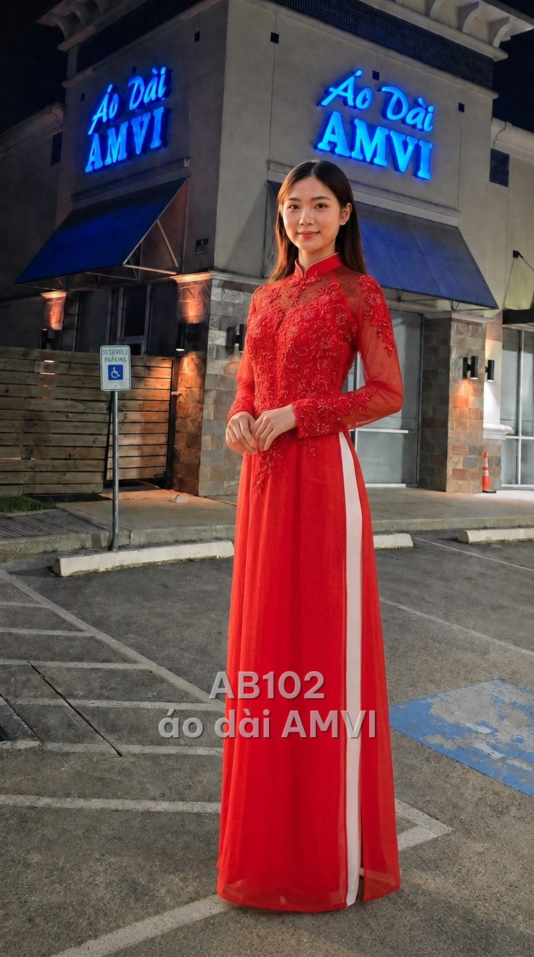 Áo - Ren Lưới Đỏ Thêu Hoa Kim Sa Sang Trọng Dự Tiệc Cưới - AB102
