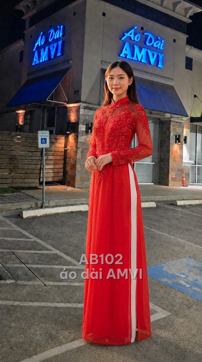 Áo - Ren Lưới Đỏ Thêu Hoa Kim Sa Sang Trọng Dự Tiệc Cưới - AB102