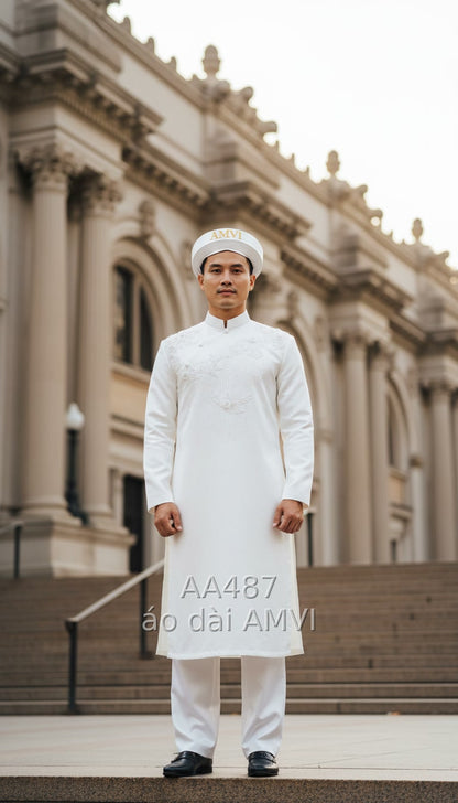 Áo dài cưới nam chú rể trắng tinh xảo tại Bảo Tàng Nghệ Thuật Metropolitan, mã AA487