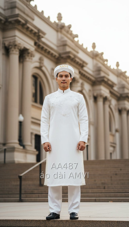 Exquisite White Groom's Ao Dai at The Metropolitan Museum of Art - AA487