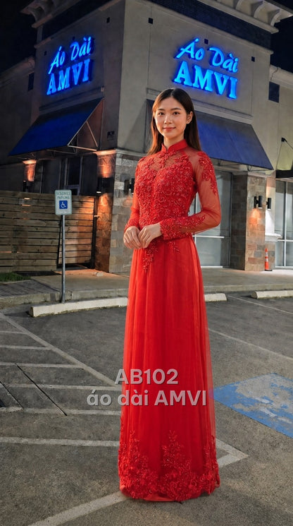 Red Silk Aodai with Kim Sa Embroidered Flowers, Elegant Mandarin Collar - AB102