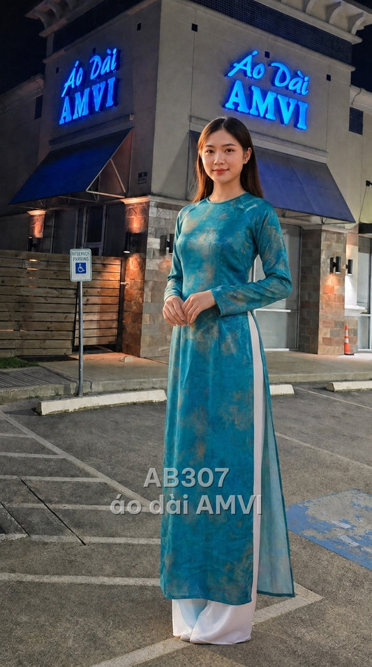 Ao Dai - Ombre Green Silk with Elegant Nature Print - AB307