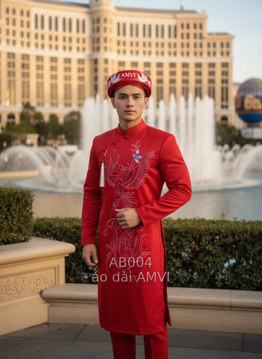 Áo Dài Nam Cưới đỏ với họa tiết Phượng Hoàng tại Bellagio - AB004