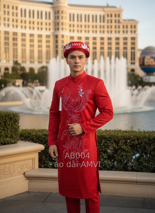 Áo Dài Nam Cưới đỏ với họa tiết Phượng Hoàng tại Bellagio - AB004