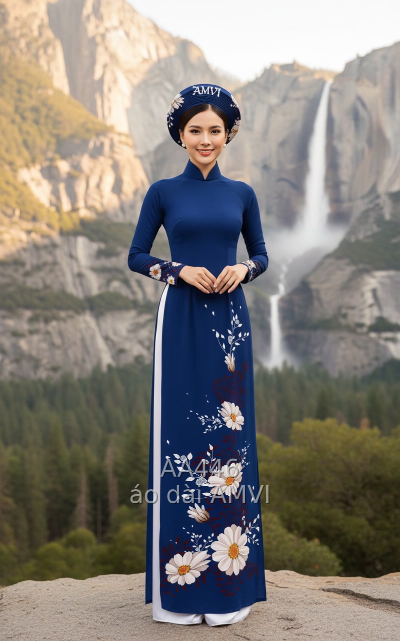 Áo Dài Truyền Thống Xanh Đậm Họa Tiết Hoa Cúc Tại Yosemite - AA446