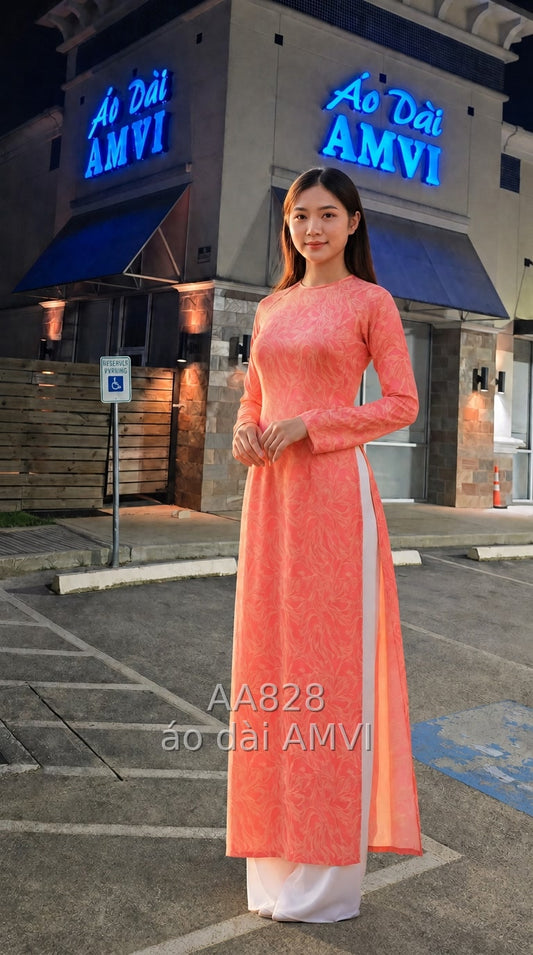 Áo Dài Nữ Hồng Cam Truyền Thống, Họa Tiết Hoa Văn, Vẻ Đẹp Việt Tại Washington D.C. - AA828