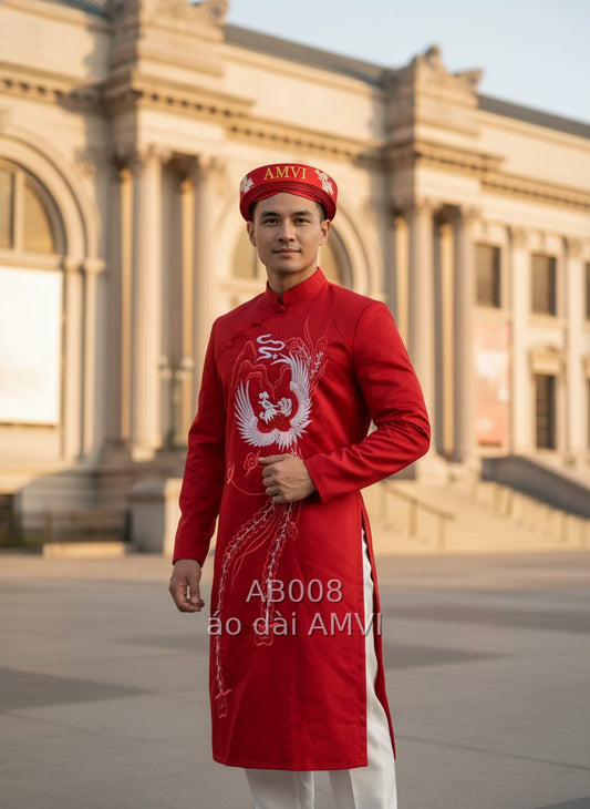 Áo Dài Cưới Nam Thêu Phượng Hoàng Đỏ Đặt Sắc Tại The Met NYC - AB008