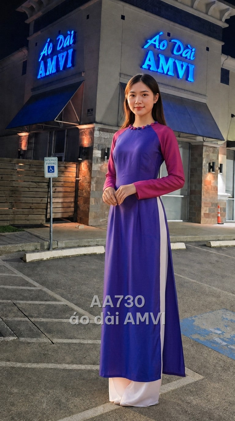 Áo+Quần - Lụa Tím Cổ Tròn Nút Bọc Tay Hồng Cách Tân - AA730