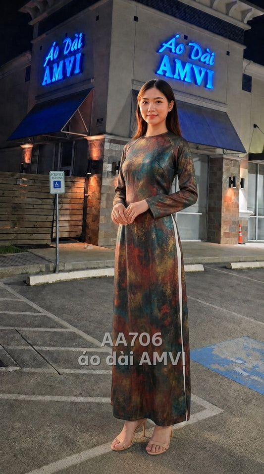 Áo - Lụa Bóng Họa Tiết Vân Loang Đa Sắc Cổ Điển Sang Trọng - AA706