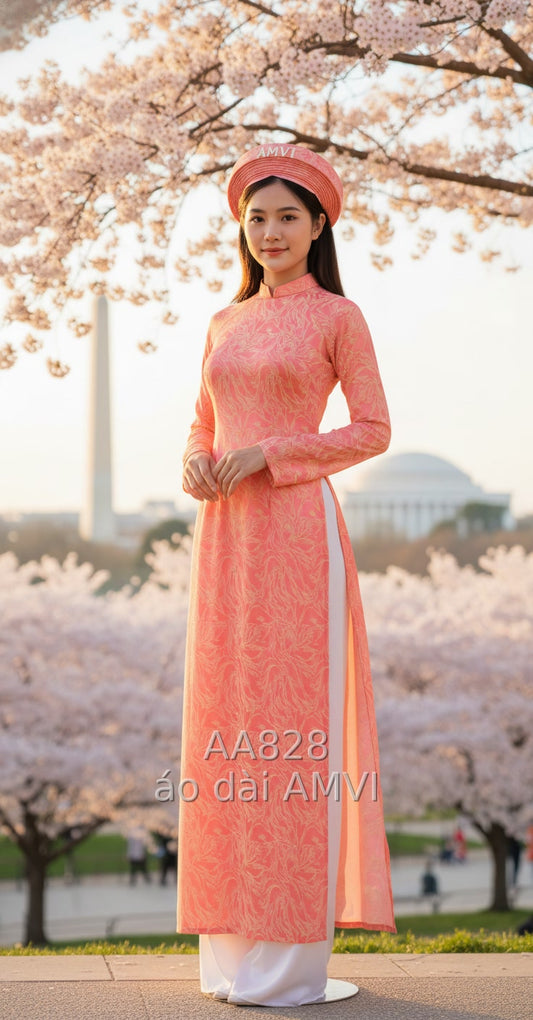 Áo Dài Nữ Hồng Cam Truyền Thống, Họa Tiết Hoa Văn, Vẻ Đẹp Việt Tại Washington D.C. - AA828