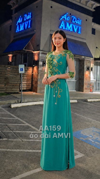 Áo kết hợp váy bên trong - Lụa Xanh Voan Thêu Hoa 3D Kim Sa Sang Trọng - AA159