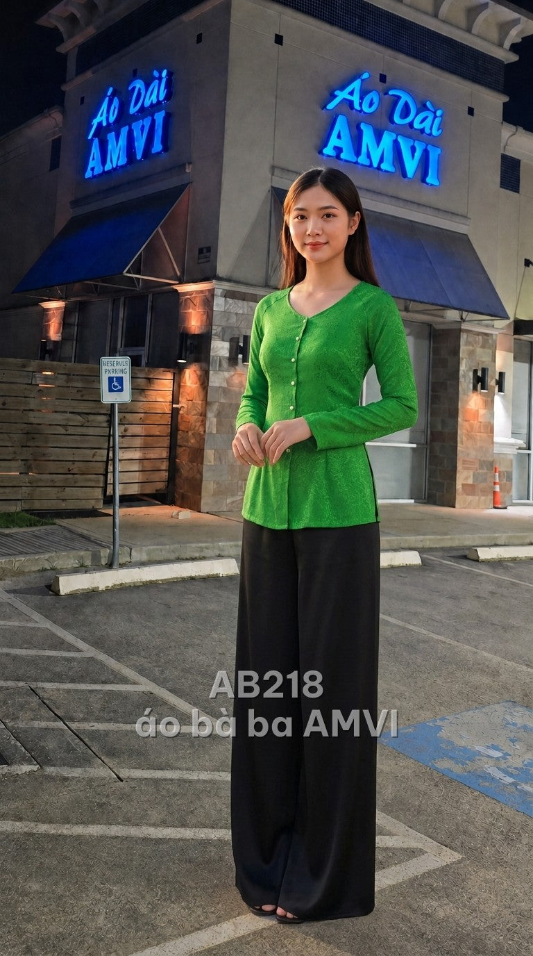 Áo - Lụa Xanh Lá Cổ Chữ V Hoạ Tiết Chìm Thanh Lịch - AB218