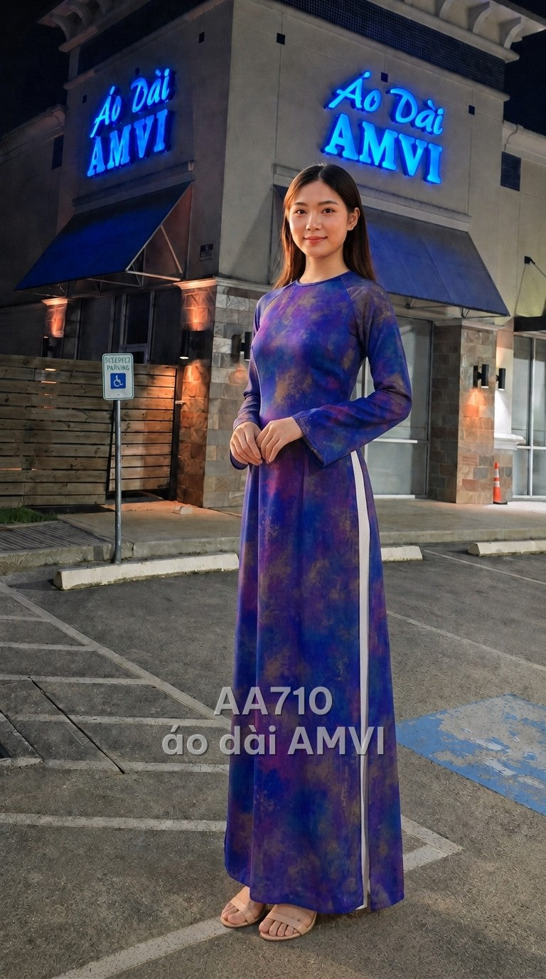 Áo - Lụa Xanh Dương Tím Loang Trừu Tượng Độc Đáo - AA710