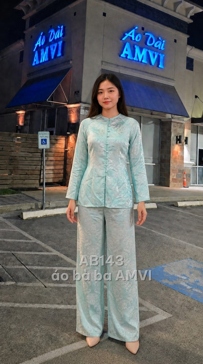 Áo+Quần - Lụa Tơ Xanh Lá Họa Tiết Chìm Nam Bộ Thanh Lịch - AB143