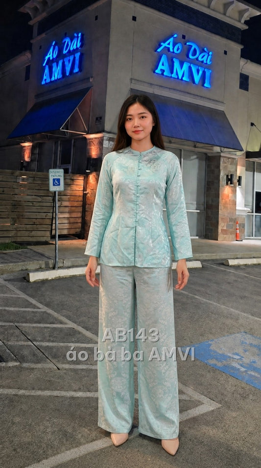 Áo+Quần - Lụa Tơ Xanh Lá Họa Tiết Chìm Nam Bộ Thanh Lịch - AB143