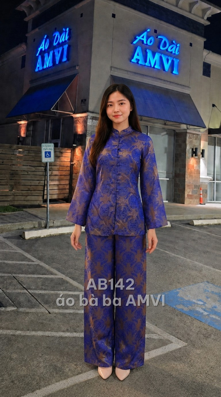 Áo+Quần - Gấm Lụa Xanh Dương Hoa Văn Dệt Nổi Cổ Điển Dự Tiệc - AB142