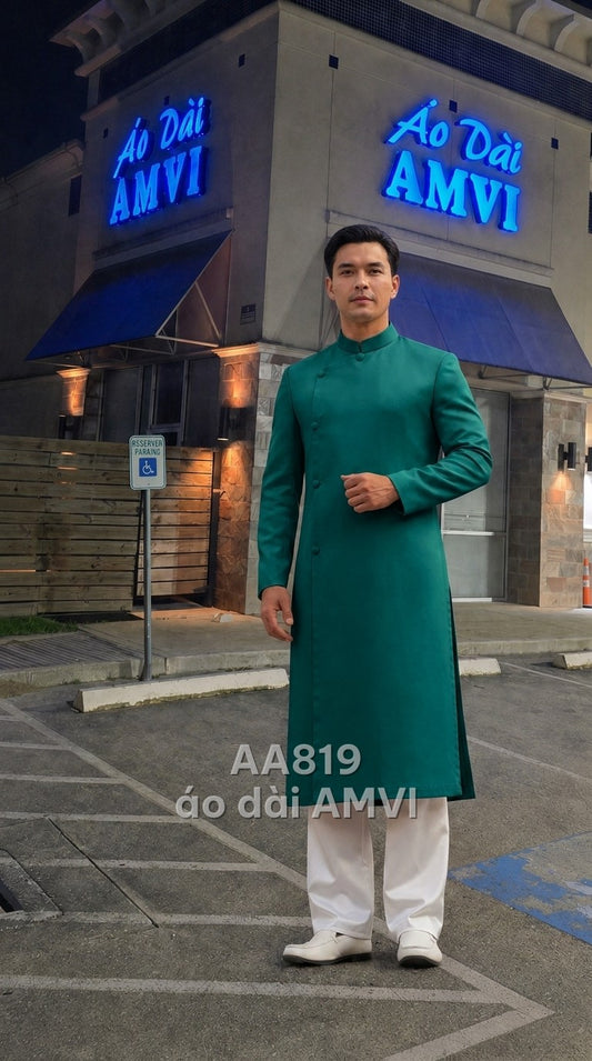 Áo - Lụa Xanh Cổ Tàu Tay Dài Thanh Lịch Truyền Thống - AA819