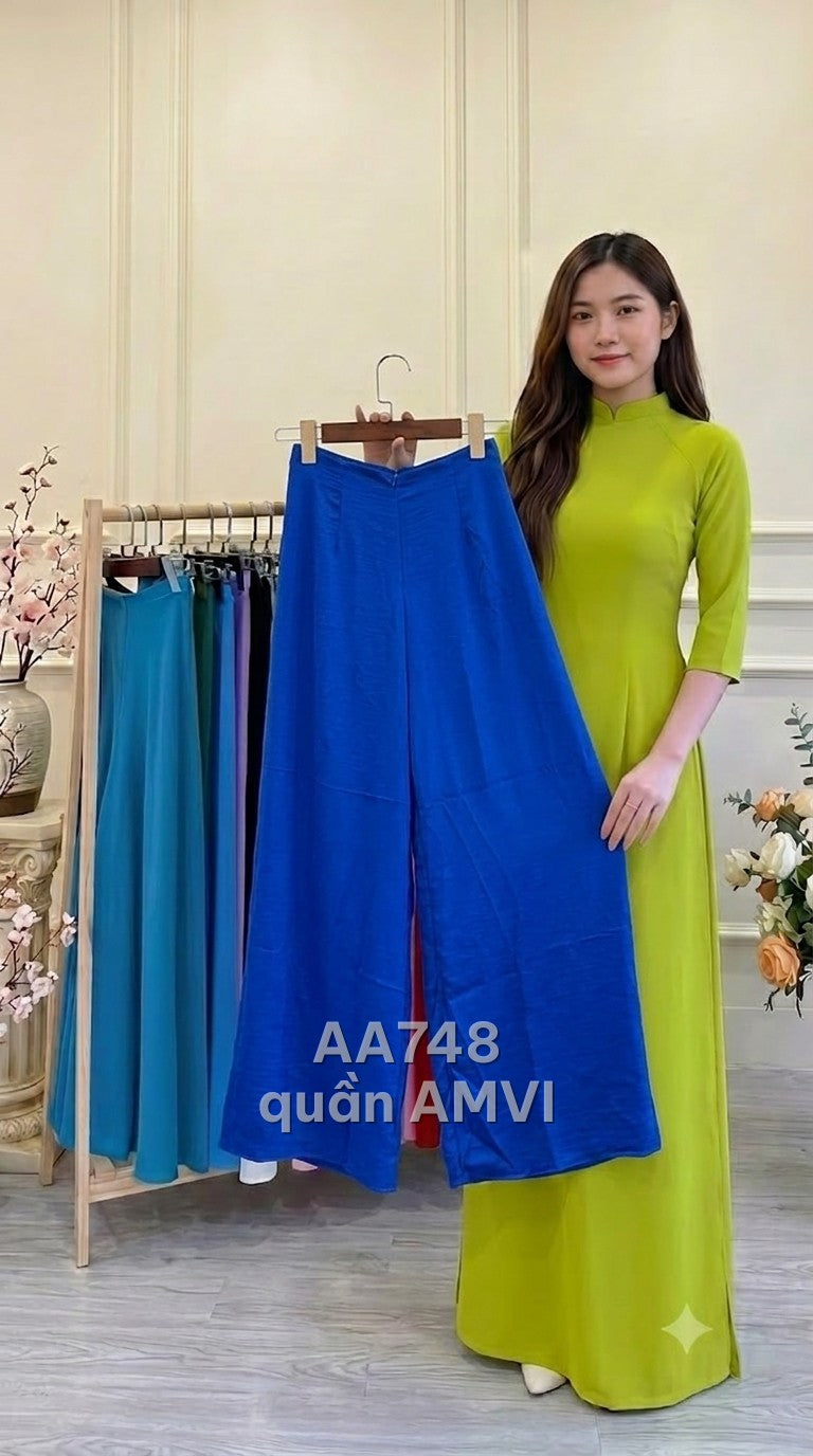 Quần - Vải Mềm Rũ Xanh Cô Ban Ống Rộng Dáng Suông Lưng Cao - AA748